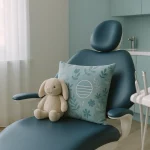 Kinderzahnarztstuhl mit Kuscheltier und Kissen in ruhiger Umgebung