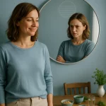 Frau laechelt, waehrend ihr Spiegelbild Anspannung und innere Kritik zeigt