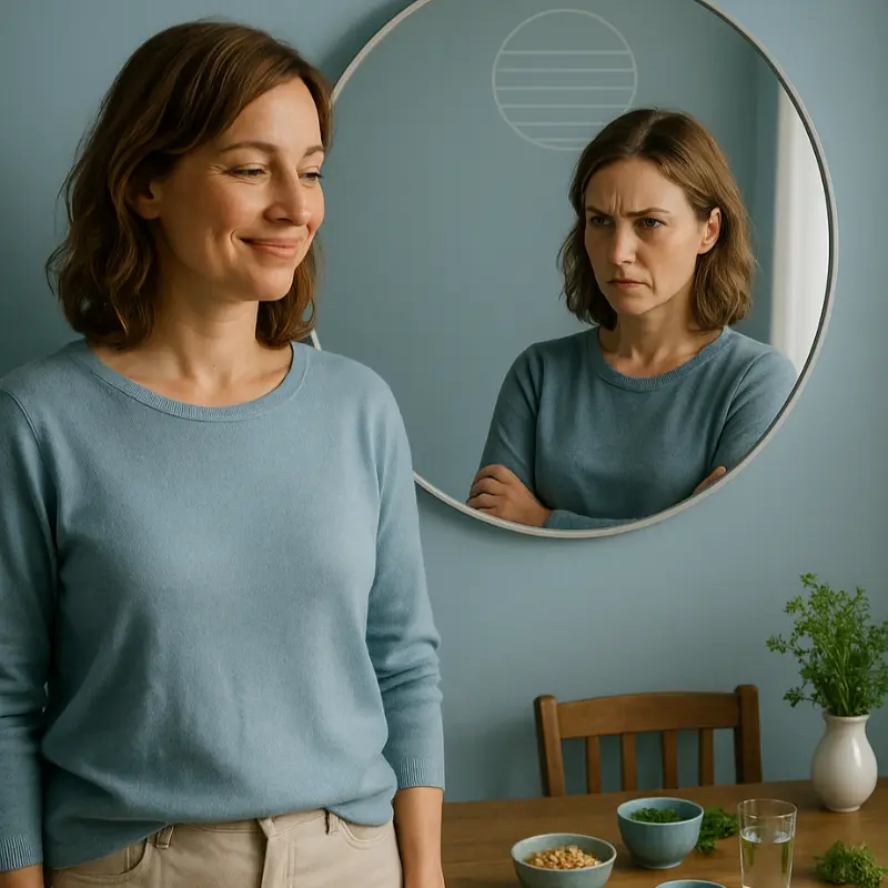 Frau laechelt, waehrend ihr Spiegelbild Anspannung und innere Kritik zeigt