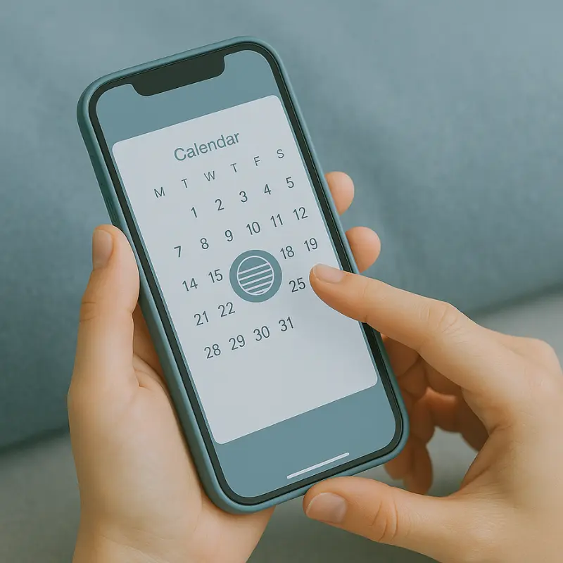Hände halten ein Smartphone mit Kalender zur Terminwahl