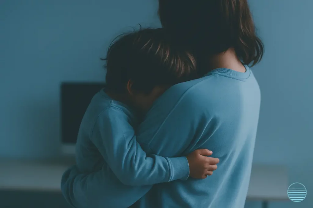 Mutter tröstet ängstliches Kind mit liebevoller Umarmung