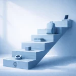 Visualisierung Entwicklungsstufen Kinder – moderne minimalistische Treppe mit Spielzeug, Buch, Schulrucksack und Smartphone in ruhiger blauer Farbwelt.