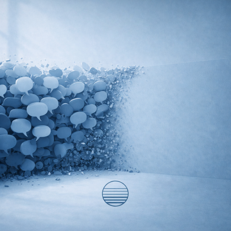 Minimalistische Szene in Blautönen: Eine Wand aus vielen Sprechblasen prallt gegen eine unsichtbare Barriere und zerbricht – eine visuelle Metapher dafür, dass Worte ein Kind im Alarmmodus nicht erreichen, wenn Reden nicht mehr hilft