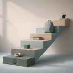 Visualisierung Entwicklungsstufen Kinder – moderne minimalistische Treppe mit Spielzeug, Buch, Schulrucksack und Smartphone in ruhiger blauer Farbwelt.