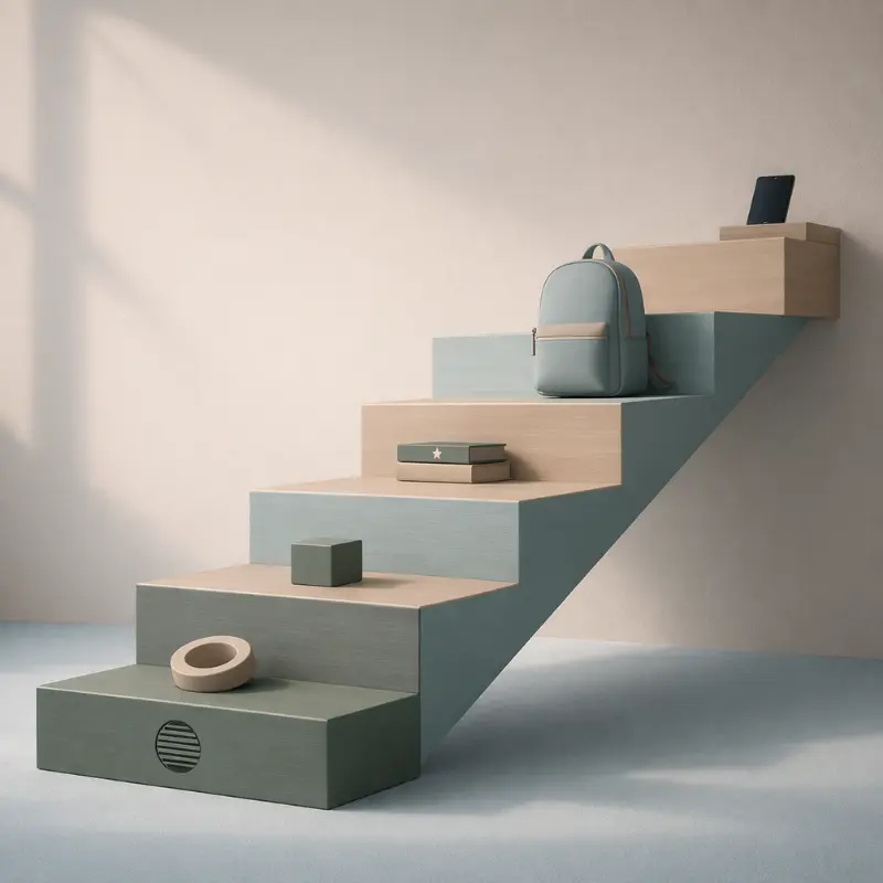 Visualisierung Entwicklungsstufen Kinder – moderne minimalistische Treppe mit Spielzeug, Buch, Schulrucksack und Smartphone in ruhiger blauer Farbwelt.