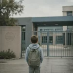 Ein Kind mit Schulranzen steht alleine vor einem geschlossenen Schultor – steht symbolisch für Schulangst.