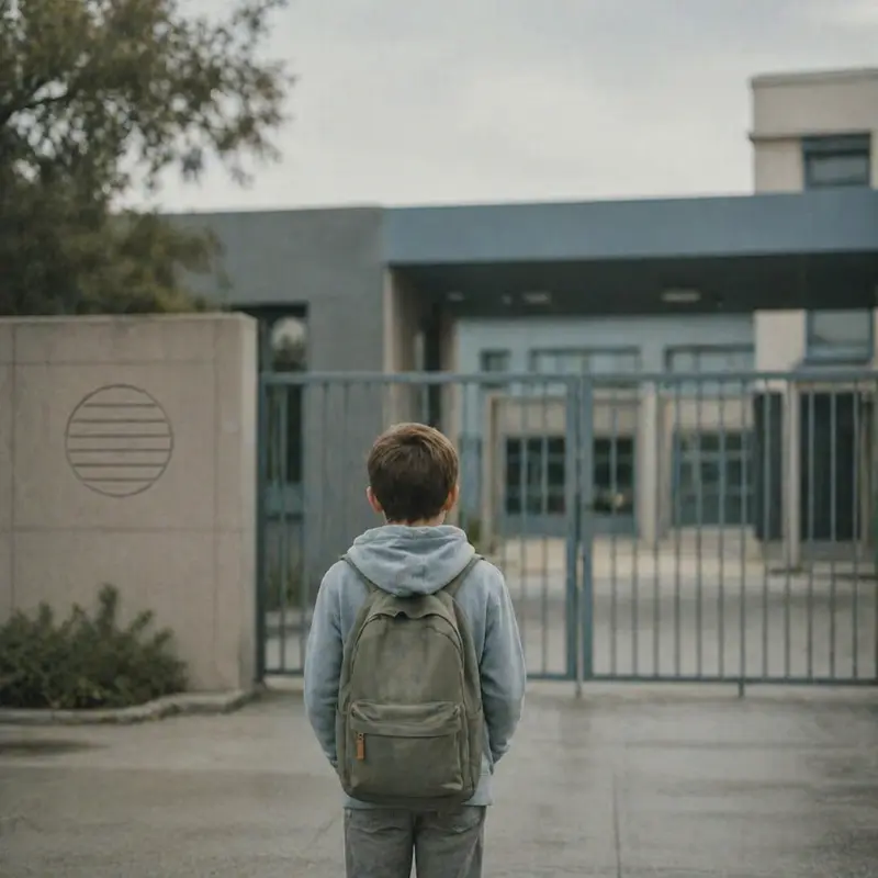 Ein Kind mit Schulranzen steht alleine vor einem geschlossenen Schultor – steht symbolisch für Schulangst.