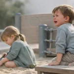 Weinender Junge sucht auf einem ruhigen Spielplatz nach seiner Mutter, während ein Mädchen entspannt im Sand spielt – das Bild visualisiert kindliche Trennungsangst und innere Alarmbereitschaft.