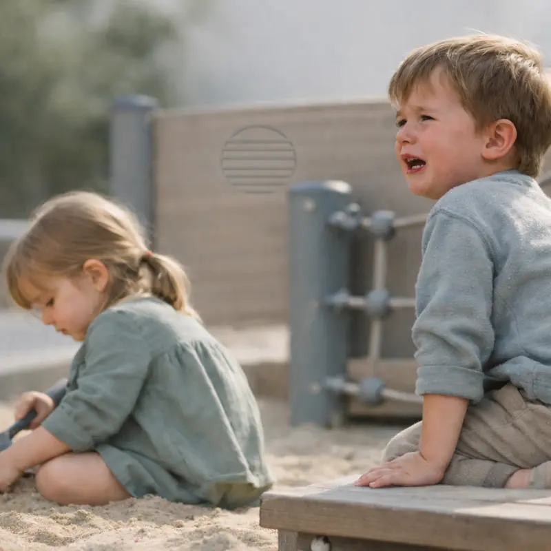 Weinender Junge sucht auf einem ruhigen Spielplatz nach seiner Mutter, während ein Mädchen entspannt im Sand spielt – das Bild visualisiert kindliche Trennungsangst und innere Alarmbereitschaft.