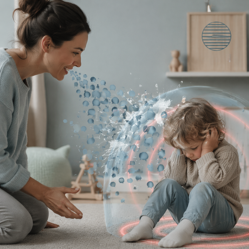 Frau spricht ruhig mit einem Kind, Sprechblasen prallen an einer gläsernen Barriere ab, das Kind sitzt angespannt und hält sich die Ohren zu – visualisiert, dass Worte ein Kind im Stress nicht erreichen