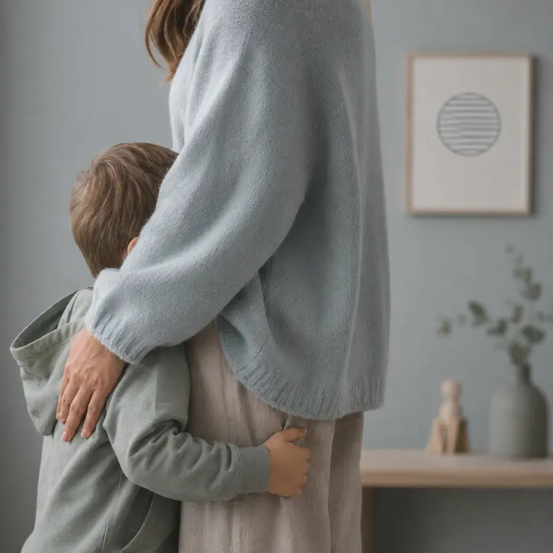 Junge versteckt sein Gesicht im Pulli seiner Mutter. Symbolisch für: Eltern begleiten ihr Kind durch Ängste