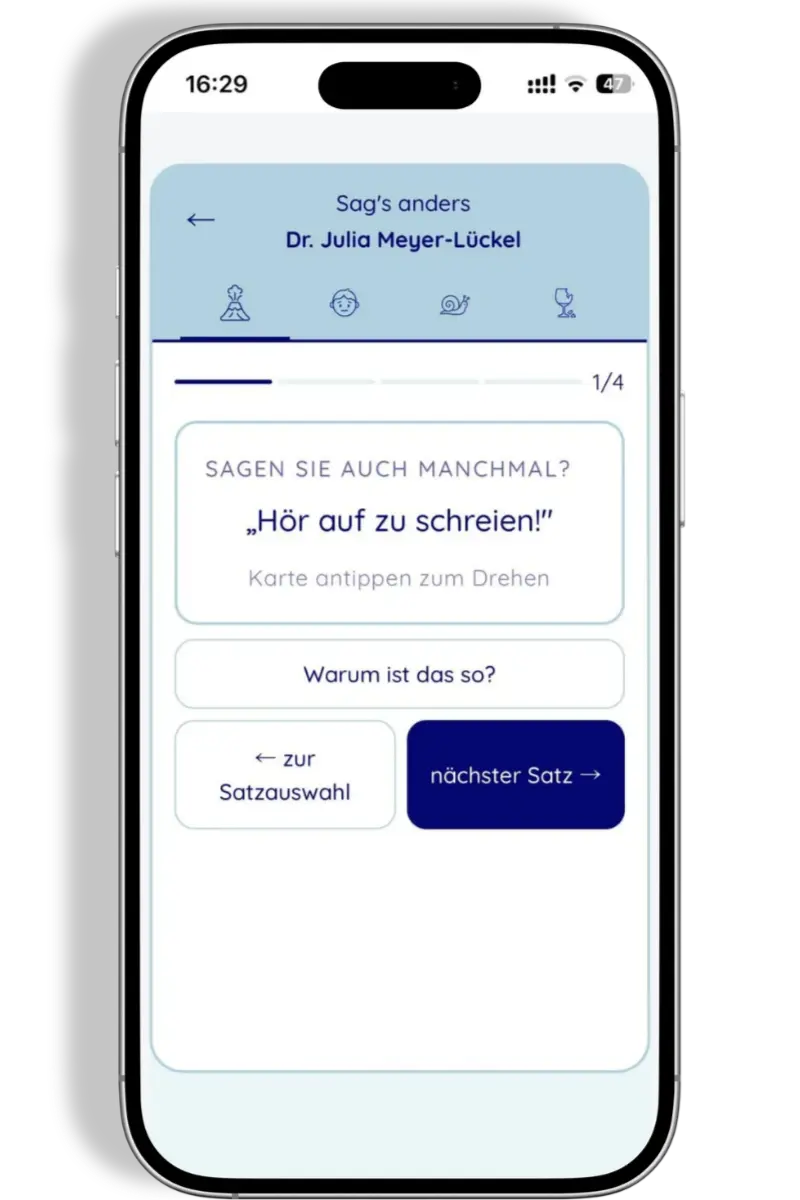 Smartphone-Mockup mit der Sag's Anders App – Kommunikationshilfe für Eltern