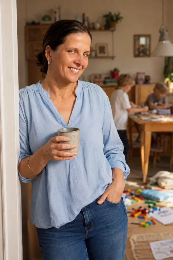 Julia Meyer-Lückel lächelt entspannt mit Kaffeetasse, im Hintergrund malen Kinder im Chaos – steht symbolisch für ruhige Kommunikation trotz Kinderchaos.
