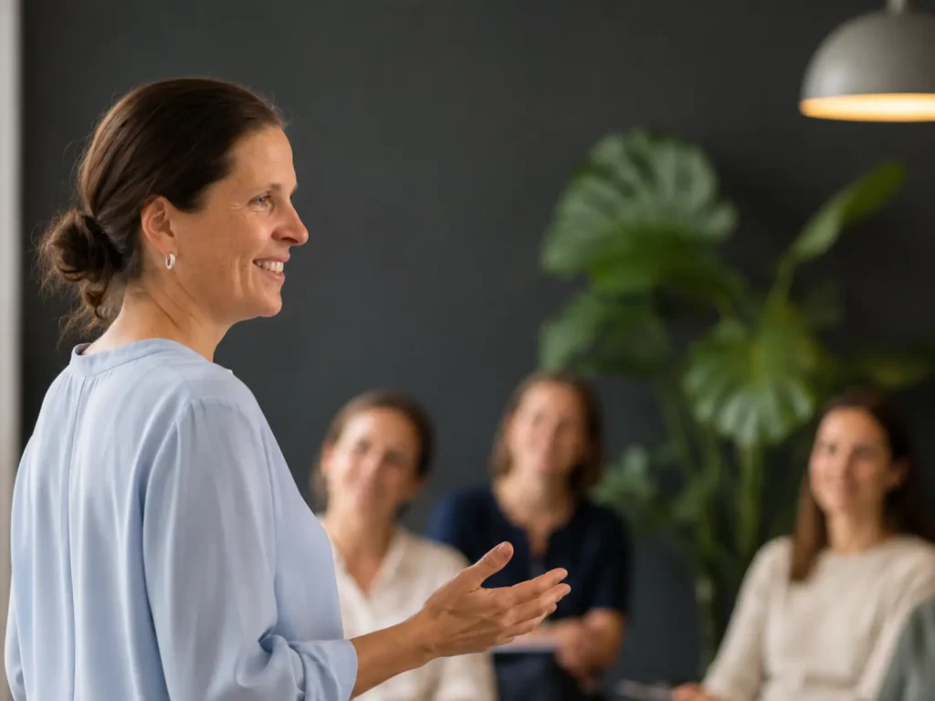 Julia Meyer-Lückel spricht im Profil zu einer aufmerksam lächelnden Gruppe von Frauen – steht symbolisch für den Angst-Workshop für Eltern von Kindern mit ADHS.